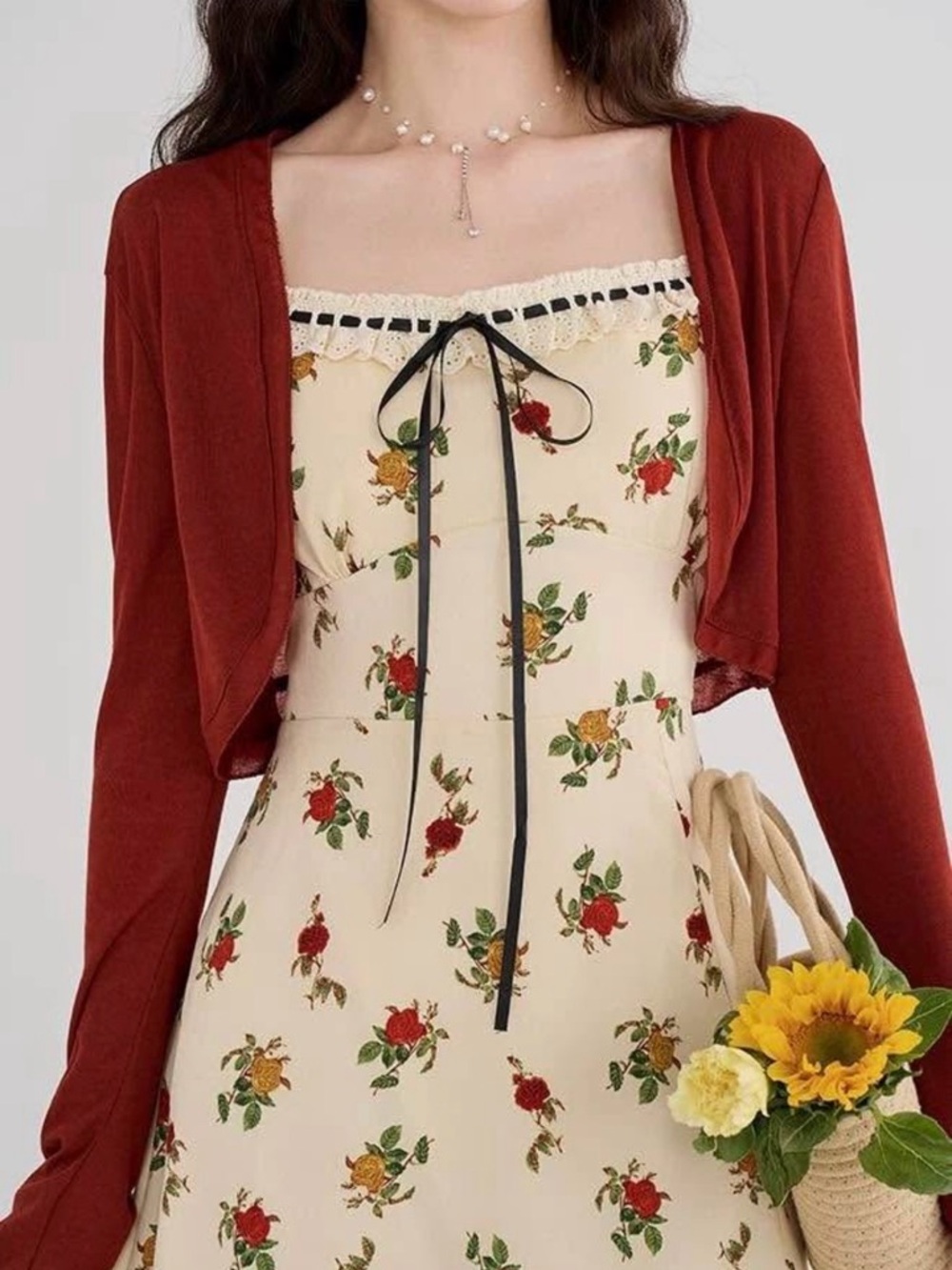 Cream Floral Sundress with Rust Cropped Cardigan